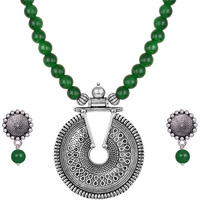 JFL - Jewellery for Less Silver Plated Oxidized Pendant with Beaded Necklace Set for Women and Girls (Green),Valentine
