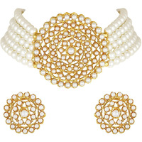 I Jewels 18K Gold Plated Traditional Light Weight Pearl Beaded Choker Necklace Jewellery Set Glided With Moti Work (ML239W-1) For Womens