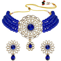 Peora Gold Plated Kundan Blue Choker Necklace Beaded Traditional Jewellery Set for Women