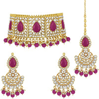 Peora Rani Padmavati Dulhan Bridal Kundan Faux Pearl Choker Necklace with Earrings Maang Tikka for Women Girls Indian Traditional Jewellery set
