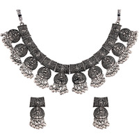 I Jewels Oxidised Silver Plated Afghani Choker Necklace Jewellery Set for Women (MC070)