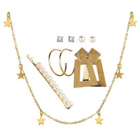 Jewels Galaxy Pearl Gold Plated Earrings with Necklace and Beautiful Rings with Bracelet for Women/Girls (CT-CB-MX-49533)