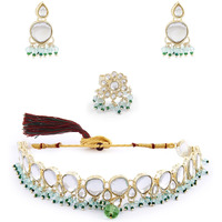 ZAVERI PEARLS Turquoise & Green Beads Drop Kundan Choker Necklace Earring & Ring Set For Women-ZPFK15658