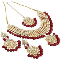 Shining Diva Fashion Gold Plated Kundan Pearl Necklace Set with Earrings for Women and Girls (Red)(9608s)