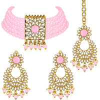 Peora Gold Plated Jodha Akbar Kundan Pink Faux Pearl Choker Necklace with Earring Maang Tikka Traditional Bridal Jewellery Set for Women & Girls