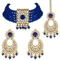 Peora Gold Plated Jodha Akbar Kundan Faux Pearl Choker Necklace with Earring Maang Tikka Traditional Bridal Jewellery Set for Women Girls