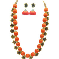 MDS FASHIONS Orange Antique Flower Necklace with Antique Flower Stud and Jhumka Earrings Set for Women (MDS-1032)