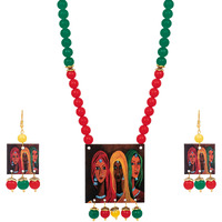 JFL FL - Jewellery for Less Handcrafted Rajasthani Women Painting Print Beaded Designer Necklace Set for Women and Girls (Red, Green & Yellow),Valentine