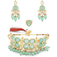 ZAVERI PEARLS Green & Peach Stones & Beads Kundan Choker Necklace Earring & Ring Set For Women-ZPFK14722