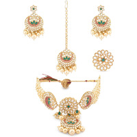 ZAVERI PEARLS Pink & Green Meenakari Ethnic Choker Necklace Earring Maangtikka & Ring Set For Women-ZPFK12633