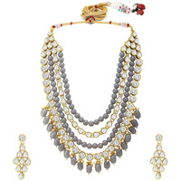 Peora Grey Gold Plated Kundan Long Necklace Earring Indian Traditional Jewellery Set for Women