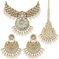 Peora Indian Traditional 18K Gold Plated Kundan Bead Choker Necklace with Earring Mangtikka Jewellery Set for Women Girls