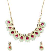 ZAVERI PEARLS Enamelling Mint Green & Pink Stones Kundan Choker Necklace & Earring Set For Women-ZPFK9636
