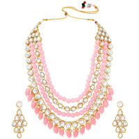 Peora Traditional Beads Kundan layered Pink Necklace & Dangle Earring Ethnic Jewellery Set Gift for Women & Girls