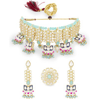 ZAVERI PEARLS Blue & Pink Meenakari Lotus Drop Kundan Choker Necklace Earring & Ring Set For Women-ZPFK13202