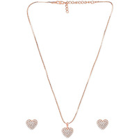 ZAVERI PEARLS Rose Gold Cubic Zirconia Contemporary Heart Pendant With Chain & Stud Earring Set For Women-ZPFK11035