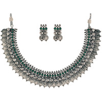 I Jewels 18K Silver Oxidised Traditional Style Coin Necklace With Earrings For Women & Girls (MC062ZG)