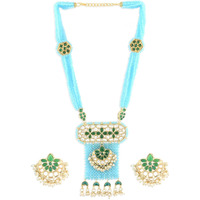 ZAVERI PEARLS Aqua Blue Crystal Beaded Green Kundan Necklace & Earring Set For Women-ZPFK11440