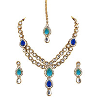 Lucky Jewellery Ferozi Colored Gold Plated 2 Line Kundan Jewellery Set for Women (MSK-2-LINE-FERROZI)