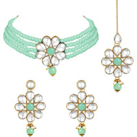 Peora Gold Plated Kundan Faux Pearl Floral Choker Necklace Earrings with Maang Tikka Set Jewellery For Girls & Women (Mint)