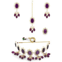 ZAVERI PEARLS Purple Stones & Beads Choker Necklace Earring Ring & Maangtikka Set For Women-ZPFK15361