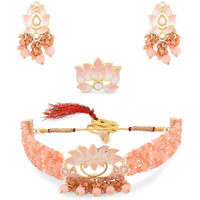 ZAVERI PEARLS Orange & Peach Meenakari Lotus Multistrand Crystal Beaded Choker Necklace Earring & Ring Set For Women-ZPFK14759