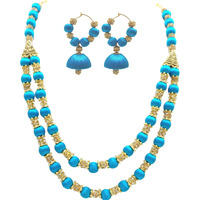 MDS Fashions Two Layer Silk Thread Necklace with Stone Balls and Earring Set for Beautiful Women (MDS-1049) (Sky Blue)