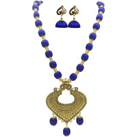 MDS FASHIONS Silk Thread Beads with Antique Heart Necklace and Earrings set for Beautiful Women (MDS-1047) (Navy Blue)