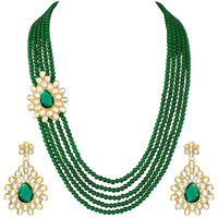 Peora Indian Traditional 18K Gold Plated Kundan Pearl Green Long Necklace with Dangle Earrings Jewellery Set for Women Girls