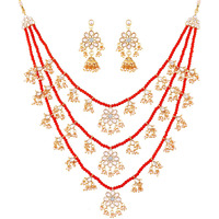 I Jewels 3 Layered Multi Strand Floral Kundan & Pearl Beaded Necklace For Women/Girls (M4094R)