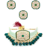 ZAVERI PEARLS Green Crystals Beaded Multistrand Kundan Choker Necklace Earring & Ring Set For Women-ZPFK13801