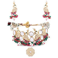 ZAVERI PEARLS Rani Pink & Green Cluster Beads Kundan Peacock Inspired Necklace Earring & Ring Set For Women-ZPFK14811