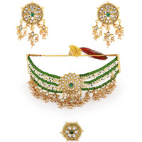 ZAVERI PEARLS Green Crystals Beaded Kundan Choker Necklace Earring & Ring Set For Women-ZPFK11065