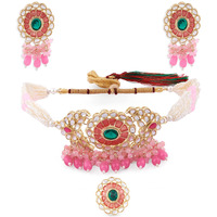 ZAVERI PEARLS Pink Meenakari Green Stone Cluster Beads Multistrand Choker Necklace Earring & Ring Set For Women-ZPFK14830