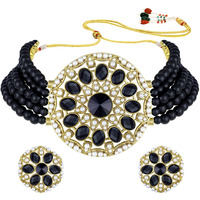Peora Gold Plated Kundan Faux Pearl Black Adjustable Choker Necklace Beaded Jewellery Set for Women