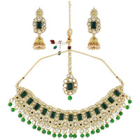 ZAVERI PEARLS Traditional Kundan & Green Beads Bridal Choker Necklace Set For Women-ZPFK8686