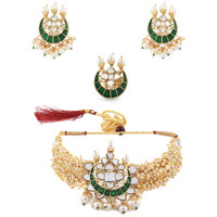 ZAVERI PEARLS Green Cluster Pearl Multistrand Choker Necklace Earring & Ring Set For Women-ZPFK11458