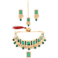 ZAVERI PEARLS Green Mirror & Cluster Pearls Choker Necklace Earring Maangtikka & Ring Set For Women-ZPFK12145