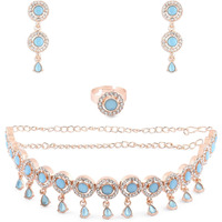 ZAVERI PEARLS Turquoise Blue Dazzling Stones Sleek Choker Necklace Earring & Ring Set For Women-ZPFK15145