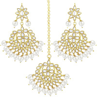 Peora Womens Gold Plated Kundan Faux Pearl Chandbali Earring Maang Tikka Set