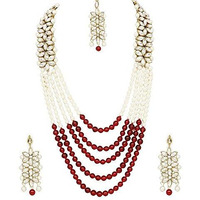 I Jewels 18K Gold Plated Traditional 5 Layers Kundan & Pearl Beaded Moti Raani Haar Necklace Jewellery Set For Women (ML164M)