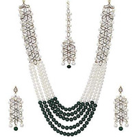 I Jewels 18K Gold Plated Traditional 5 Layers Kundan & Pearl Beaded Moti Raani Haar Necklace Jewellery Set For Women (ML164G)