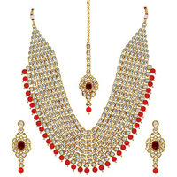 Peora Kundan Pearl Maroon Layered Long Jewellery Necklace Set with Earring Maang Tikka Earrings for Women