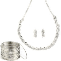 ZENEME Silver Plated Oxidised American Diamond Studded Necklace With Earring and Bangle Jewellery Set For Women and Girl (Black, 2.6) (Style_03, 2.6 Inches)