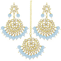 Peora Womens Gold Plated Kundan Faux Pearl Chandbali Earring, Maang Tikka Set
