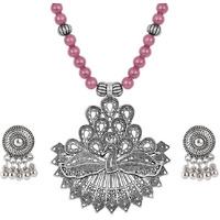 JFL - Jewellery for Less Contemporary Handcrafted Peacock German Silver Oxidized Beaded Necklace Set with Earrings for Women & Girls (Gajri Pink),Valentine