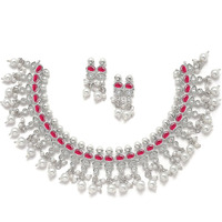 ZENEME Fashion Jewellery Antique Oxidised Silver Plated Tribal Pink Silver-Plated AD Studded Pearl Necklace With Earrings Jewellery For Women & Girls (Style 6)