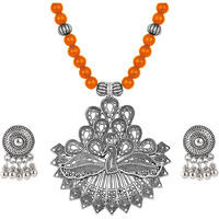 JFL - Jewellery for Less Contemporary Handcrafted Peacock German Silver Oxidized Beaded Necklace Set with Earrings for Women & Girls. (Orange),Valentine