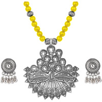 JFL - Jewellery for Less Contemporary Handcrafted Peacock German Silver Oxidized Beaded Necklace Set with Earrings for Women & Girls (Mustard Yellow),Valentine