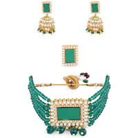 ZAVERI PEARLS Green Multistrand Kundan Choker Necklace Earring & Ring Set For Women-ZPFK11454